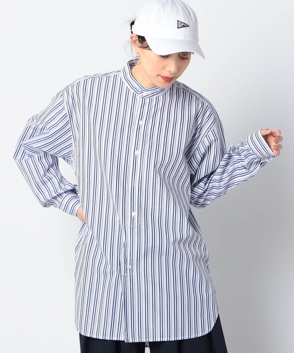 【ROYAL NAVY】バンドカラーストライプシャツ