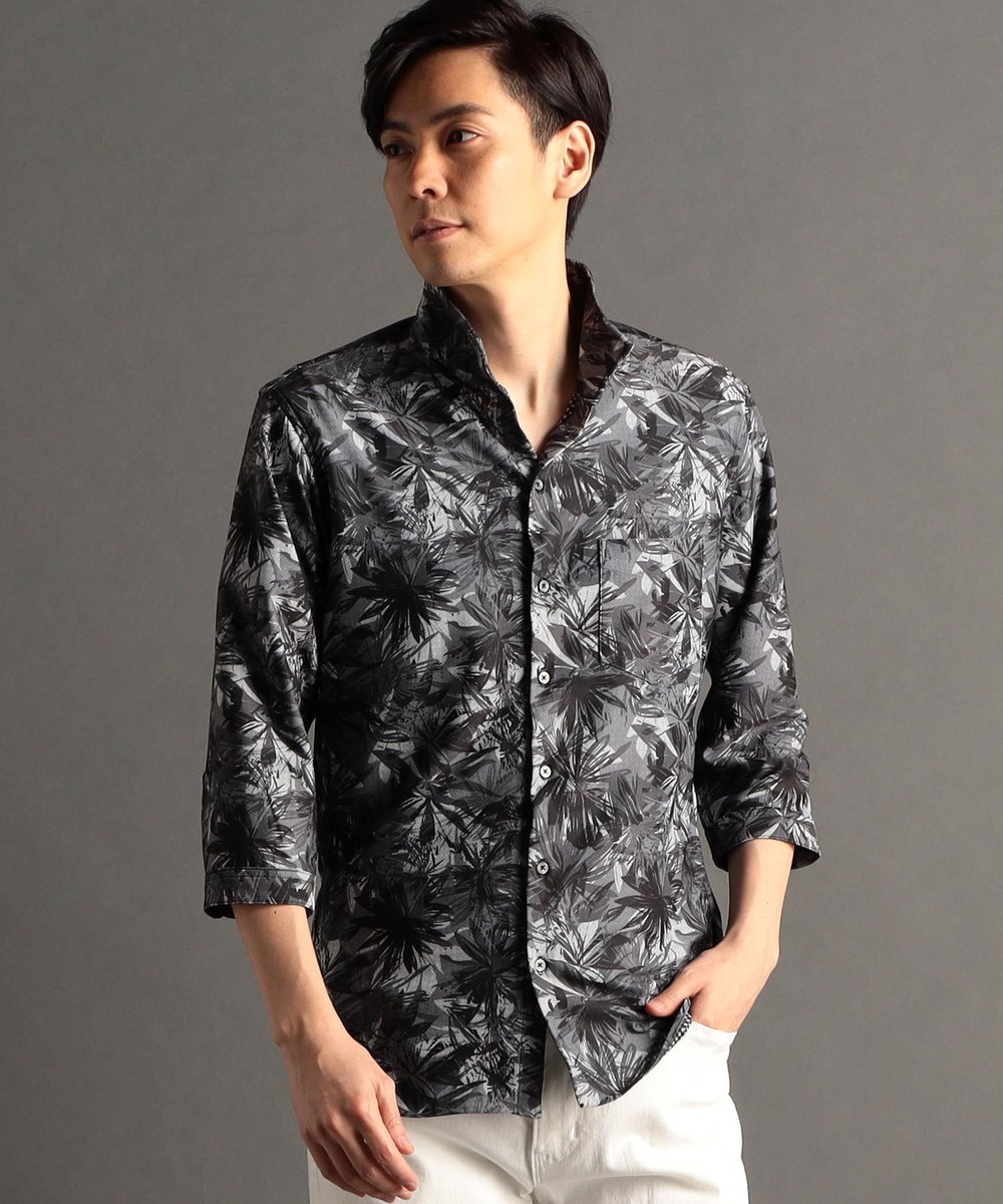 【canal deux Luxe】ボタニカル×ギンガム メッシュトリコット スタンドカラー7分袖シャツ