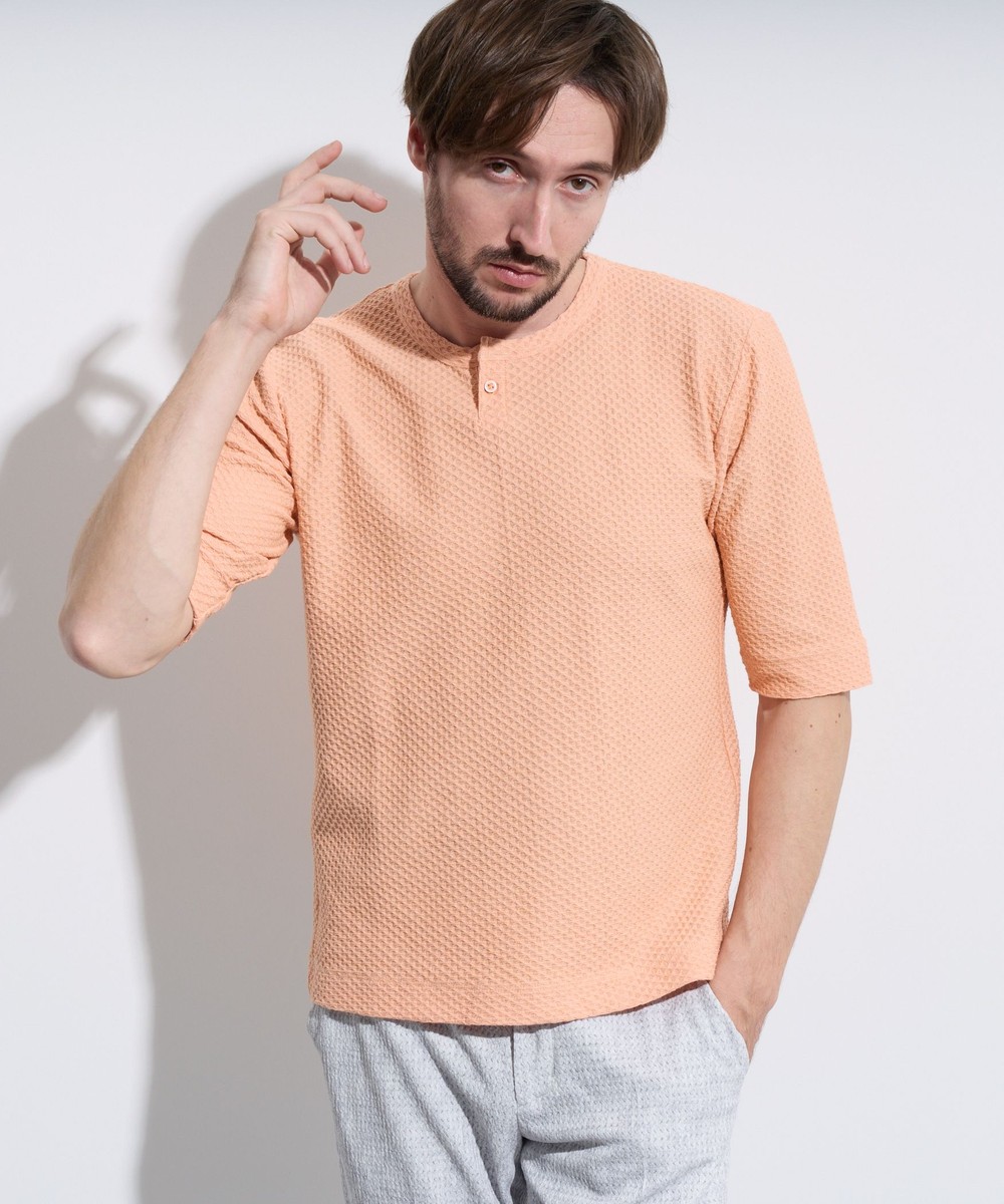 シャーリングジャガード5分袖ヘンリーネックプルオーバー