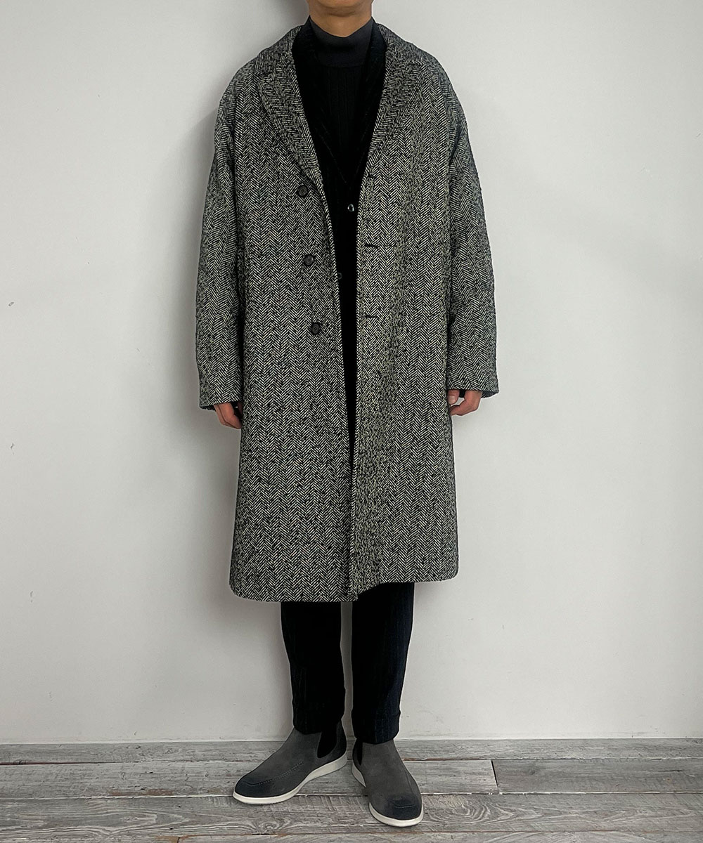 (極美品)ヒューゴボス　ツイード　ヘリンボーン　チェスターコート　2XL グレー ウーリーヘリンボンツイード チェスターコート｜チェスターコート