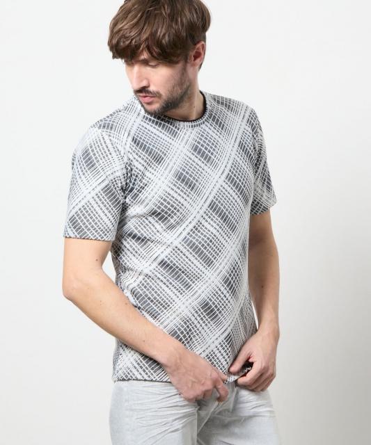 バイアスブリスターチェックジャカード クルーネック半袖プルオーバー