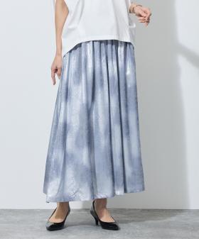 【WALDO】ウエストゴムムラ染め光沢プリントギャザーフレアースカート