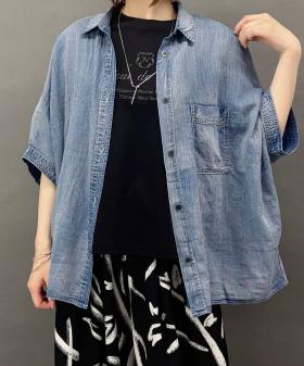 シアーデニムオーバー半袖シャツ
