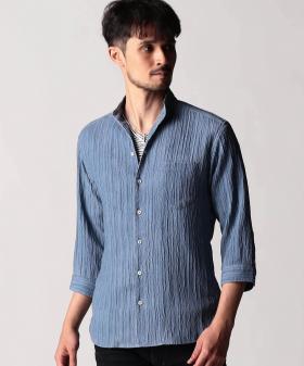 カラープリーツ7分袖スタンドカラーシャツ