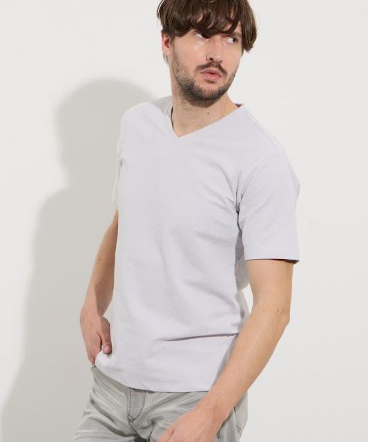 バーク風バイヤスジャカードVネック半袖プルオーバー