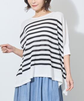 五分袖ボーダーポンチョニット