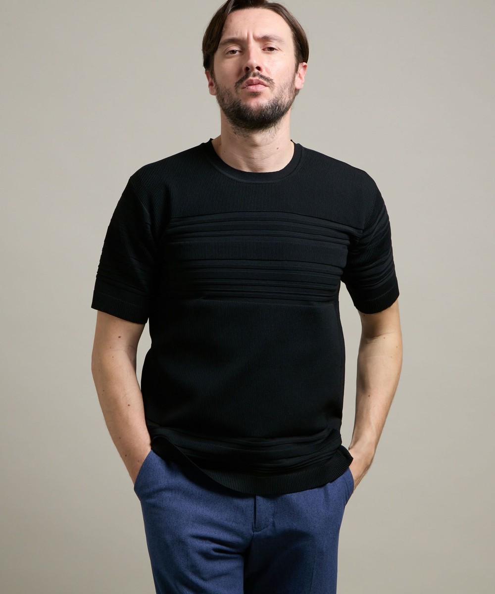 HIDEAWAYS BLACK】切り替えタックボーダー半袖ニット｜プルオーバー