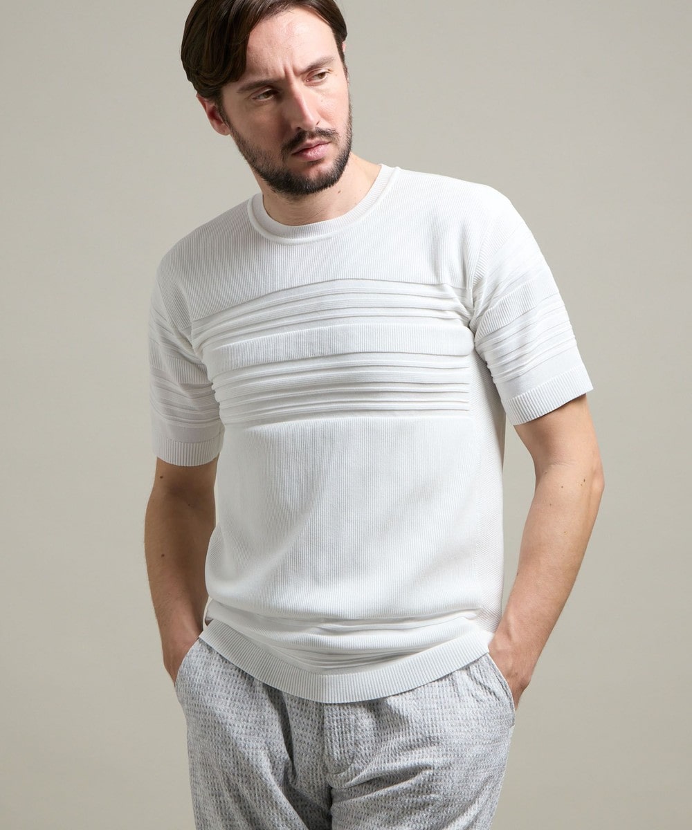 HIDEAWAYS BLACK】切り替えタックボーダー半袖ニット｜プルオーバー