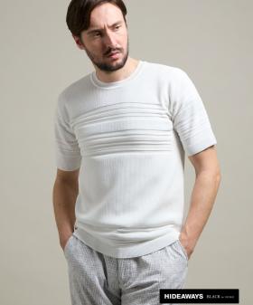 【HIDEAWAYS BLACK】切り替えタックボーダー半袖ニット